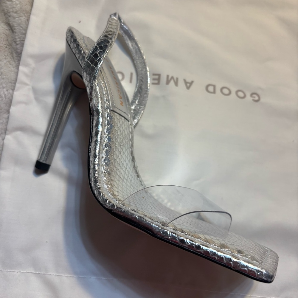 NEW Good American Heels Size 7 Metallic Silver Clear front Strap Made in Spain - Picture 10 of 16